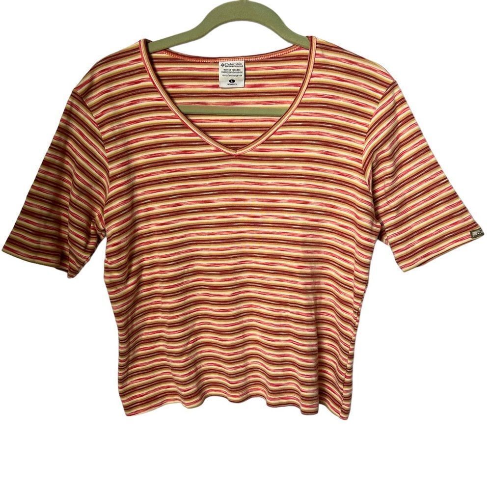 Vintage Columbia V Neck T-shirt Long Crop striped size M 100% Cotton 90’s y2k